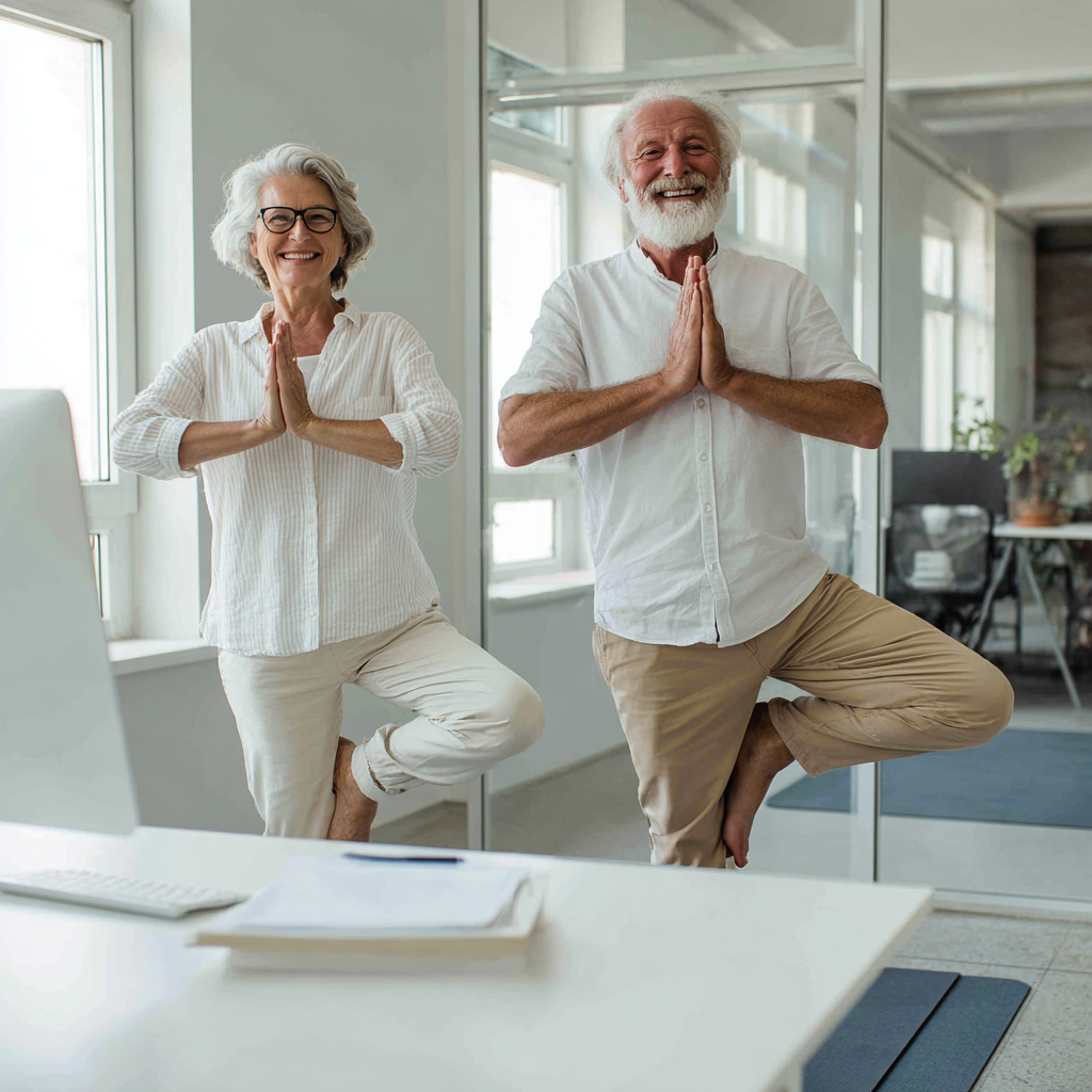 Content elderly European man in comfortable yoga attire stretching and smiling during a gentle morning yoga session