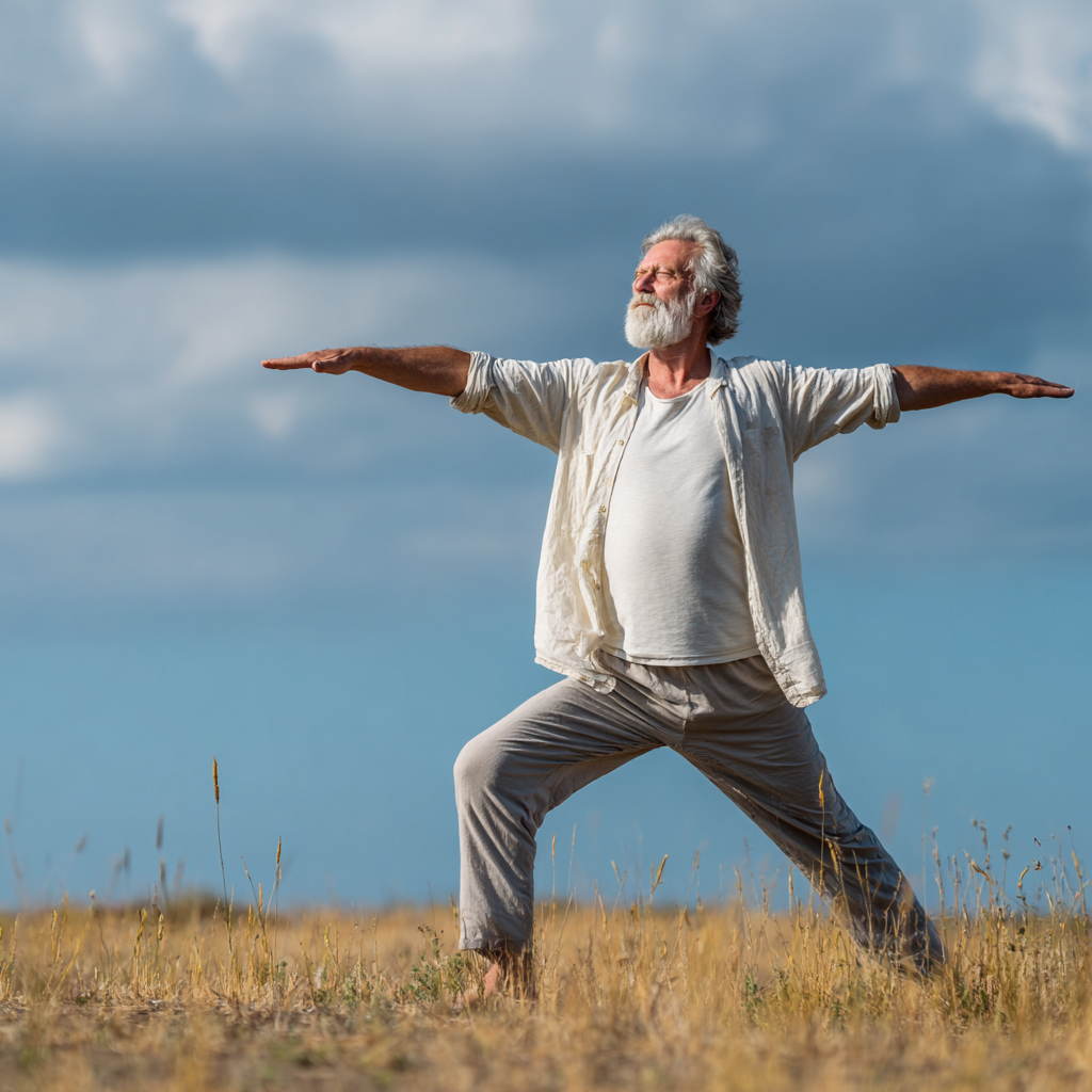 Serene elderly European couple practicing meditation together in a peaceful garden setting